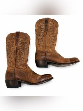 Lucchese Men’s Brown Leather Cowboy Boots Size 8.5 D Western Embroidered Roper T